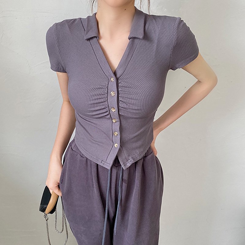 여성 여름 코튼 V넥 크롭 탑