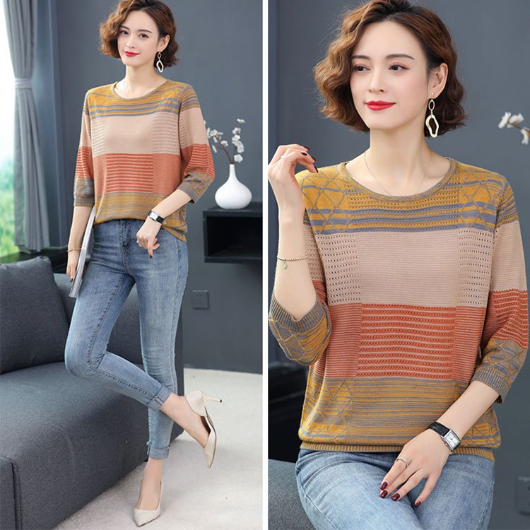 7부 소매 실크 니트