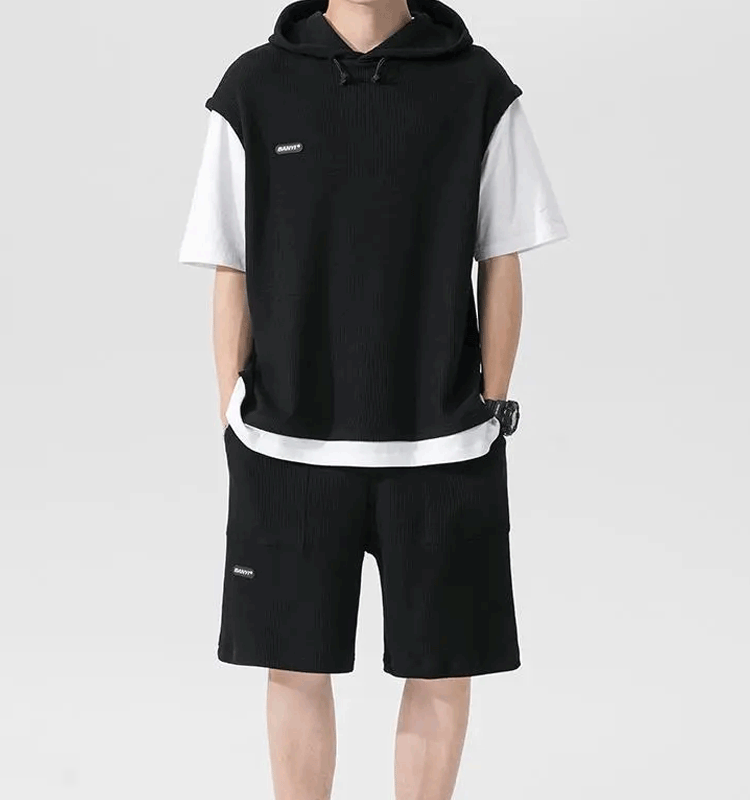 시원한 남자 레이어드 와플 패턴 캐주얼 세트