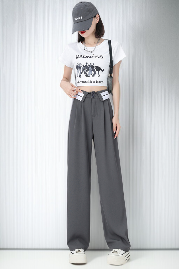 여름 홍콩 캐주얼 와이드 팬츠 그레이 하이웨스트 드롭 슬랙스 정장바지 여 플랩 슬림 와이드 팬츠