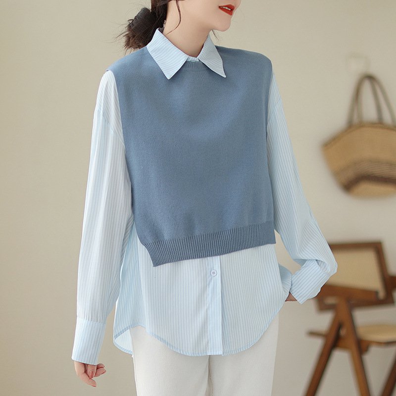 大きいサイズレディースシャツとベストのカジュアルツーピーススーツ