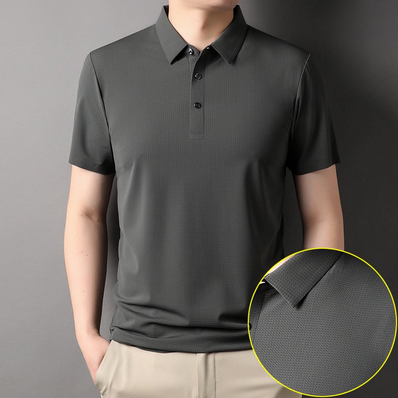 【涼感ワッフル】メンズ半袖ポロシャツ 薄手 ストレッチ 涼感　ドレープ性 通気速乾　襟付きメンズTシャツ シワ防止　ノンアイロン