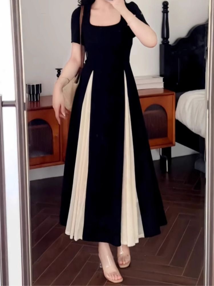 프렌치 스타일 허리 잡은 패치워크 원피스