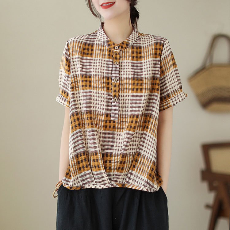 コットンとリネンのレトロチェック柄半袖