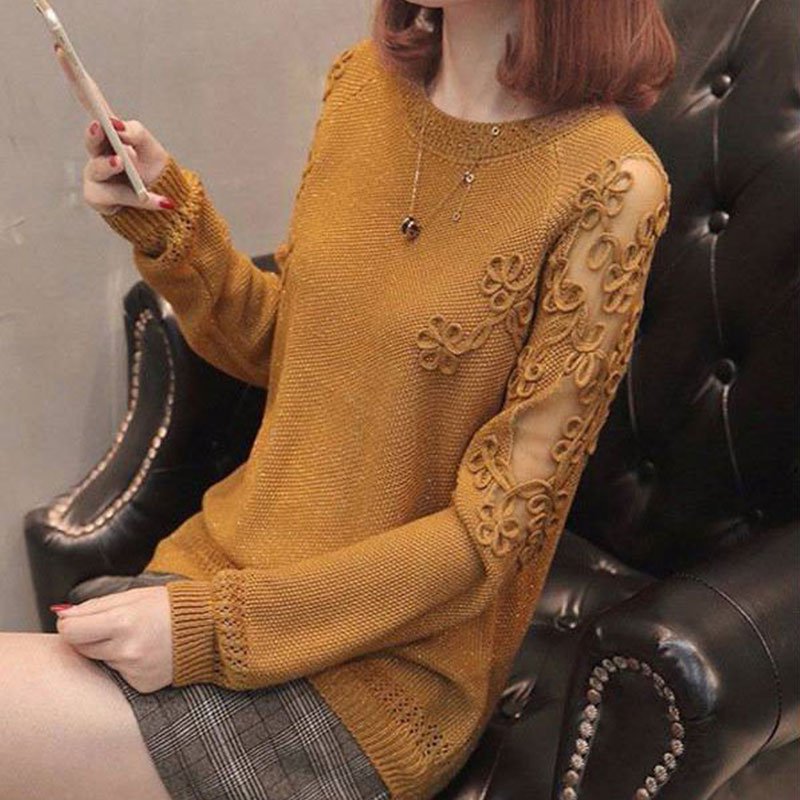 新商品エレガント切り替えラウンドネック長袖ニットセーター