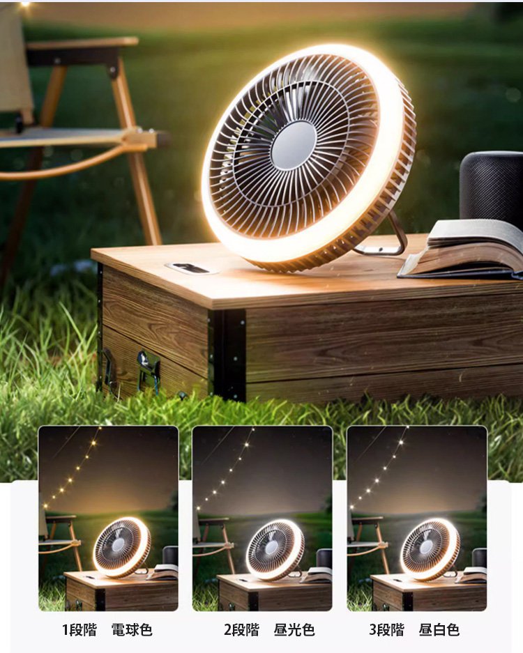 360度回転可能なキャンプ用扇風機の機能説明