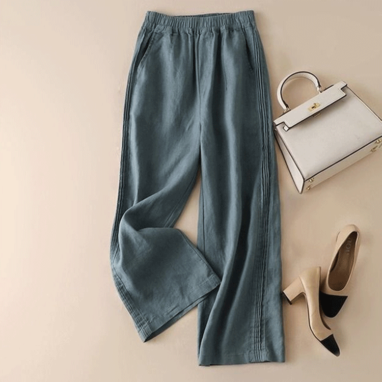 夏の綿麻のレディースワイドパンツ