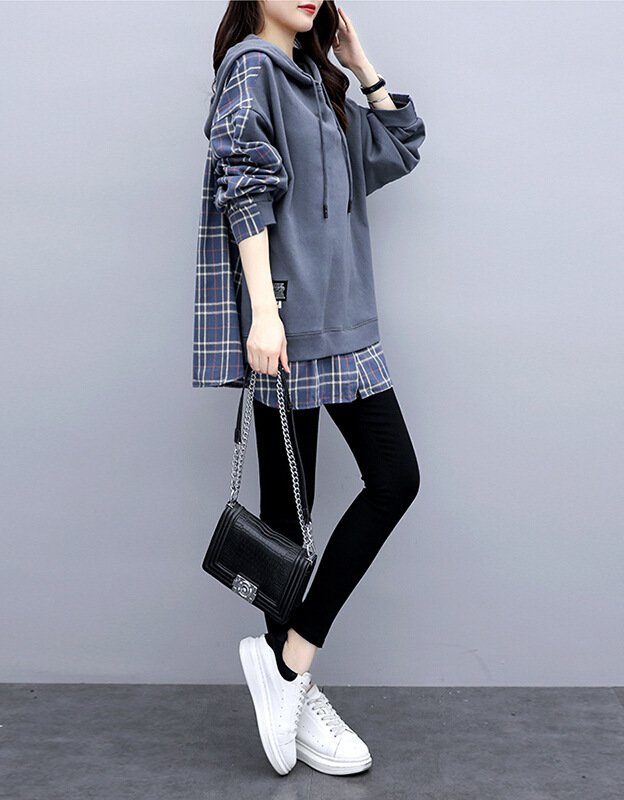 ファッション人気新作フード付きチェック柄切り替えスウェット