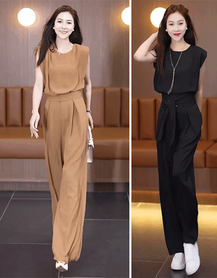 여성 민소매 상의 및 와이드 팬츠 세트