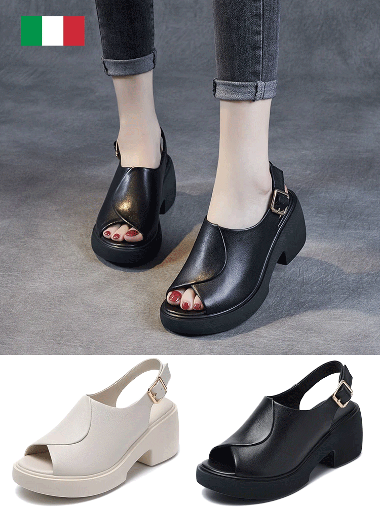 本革チャンキーヒールサンダル