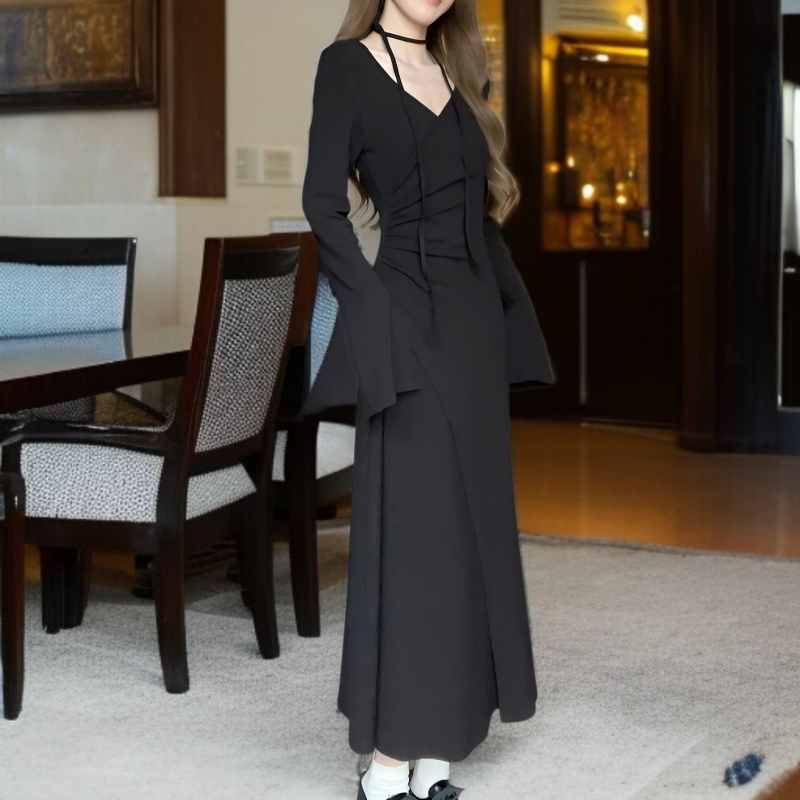 여성원피스 밴딩 허리 여리여리 긴팔원피스 부드러운 순욕풍 셔링 언밸런스 스커트 롱 언밸런스 원피스