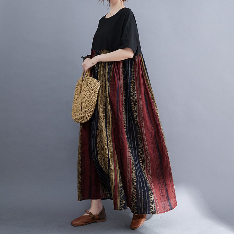 超人気ヒッコリー柄切り替え配色ワンピース