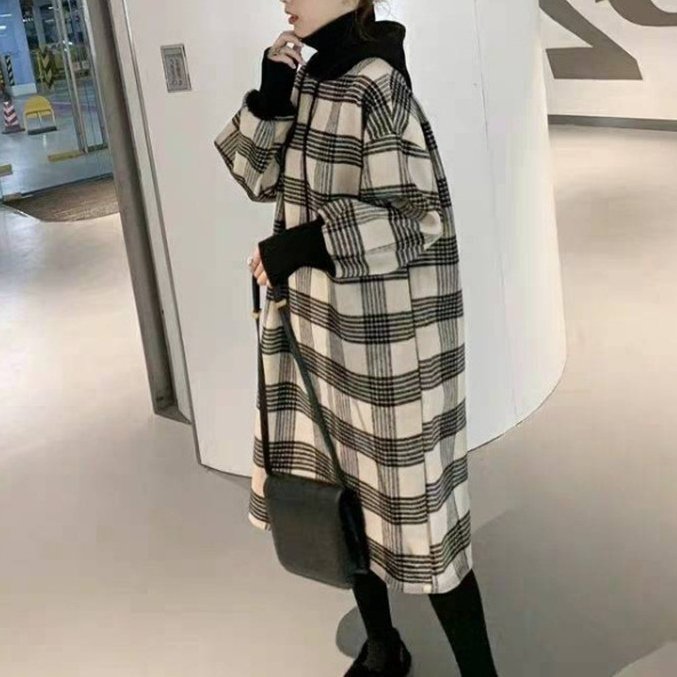 ファッションフード付きチェック柄着瘦せカジュアルワンピース