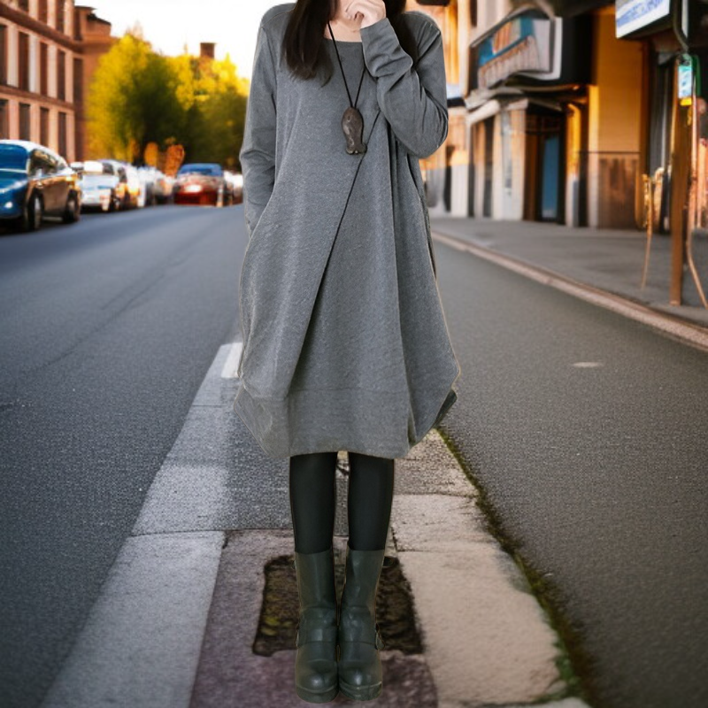 レディースプラスサイズゆったり長袖ワンピース全体画像