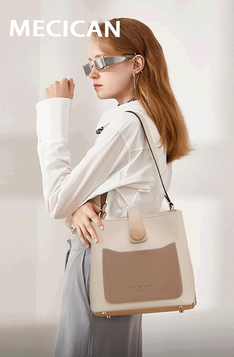 حقيبة دلو عصرية بتصميم اللون المتباين مع حزام كتف عريض