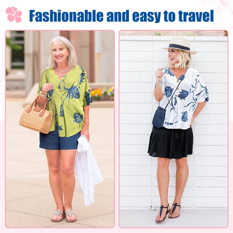 Printed cotton and linen V-neck short sleeved pullover shirt