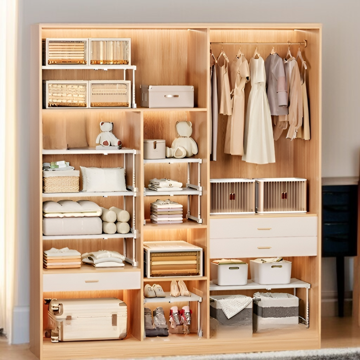 高さ調節可能な階層型ワードローブ収納キャビネット