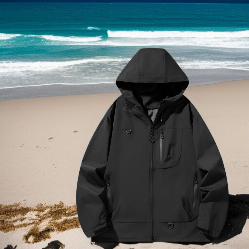 방수 후드 점퍼를 착용한 모델