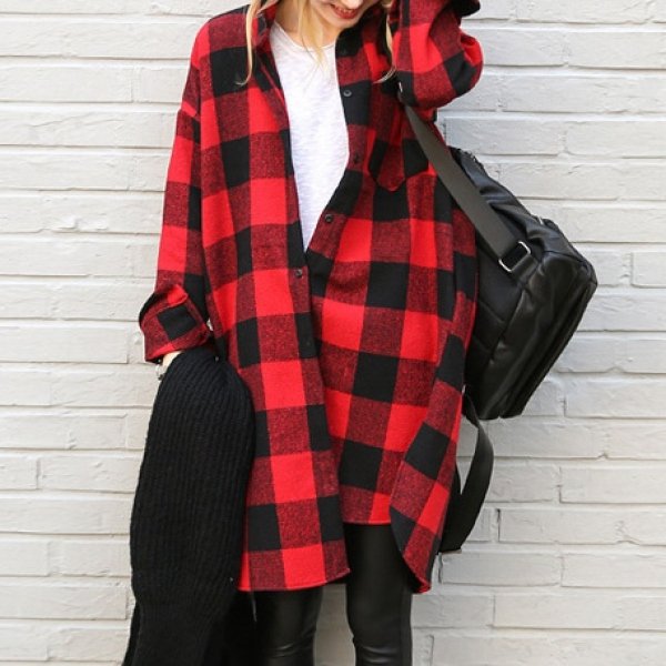 チェック柄配色ポケット付き長袖シャツ