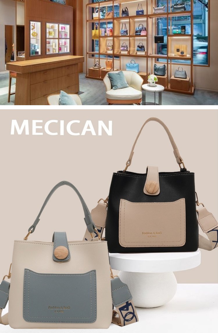 حقيبة دلو عصرية بتصميم اللون المتباين مع حزام كتف عريض