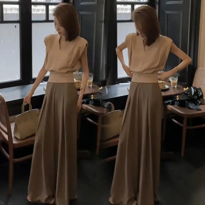 着痩せVネックカジュアルな トップス・ワイドパンツ上下セット