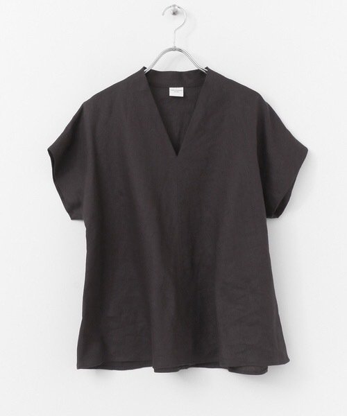 【レディース綿麻シャツ】半袖、ブラウス、快適、柔らかい、涼しい、通気性、吸湿性、V字ネック
