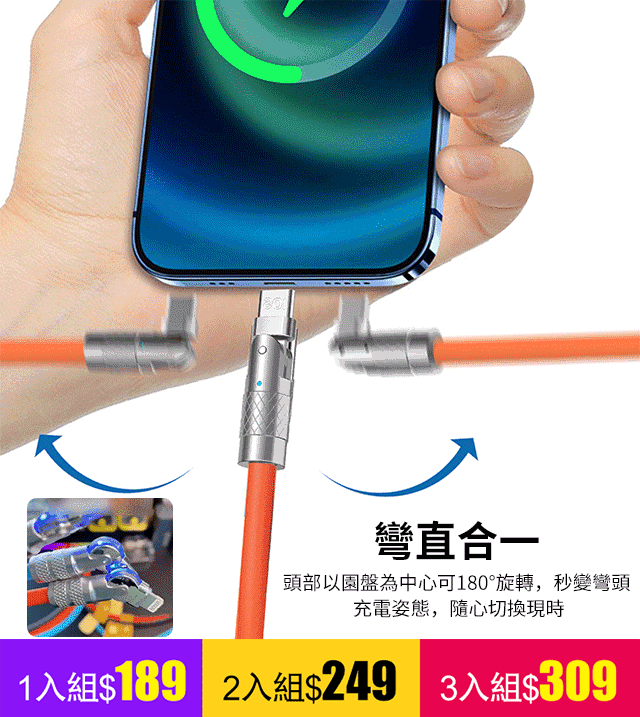 【可180°旋轉 10年用不壞】180°可旋轉快充數據線