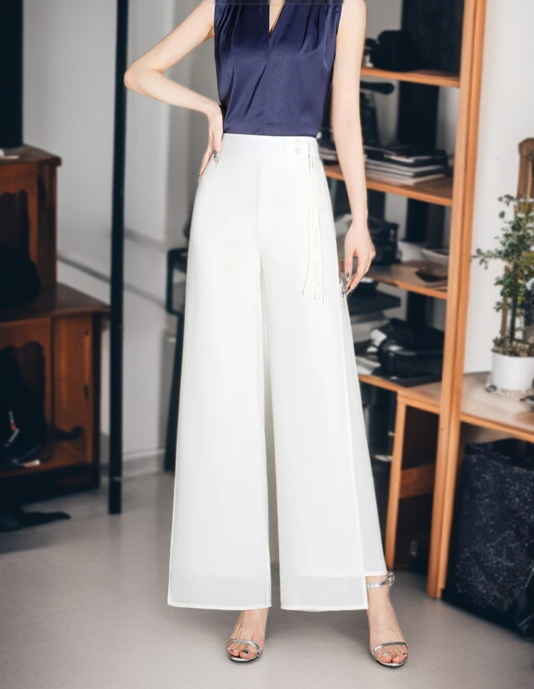 여성 와이드 얇은 밴딩 허리 와이드 팬츠 9부 처짐 절개 와이드 팬츠 바람 쉬폰 일자 와이드 팬츠 하늘하늘 치마바지