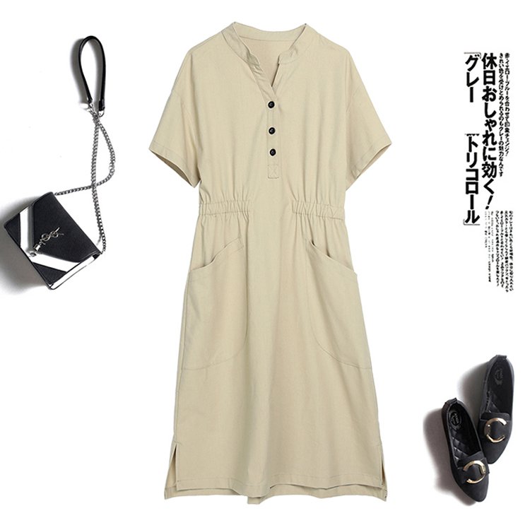 큰 주머니 밴드 코튼 린넨 원피스